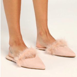 Lulus Women's Fazana Blush Suede Feather Pointed-Toe Mule Slides